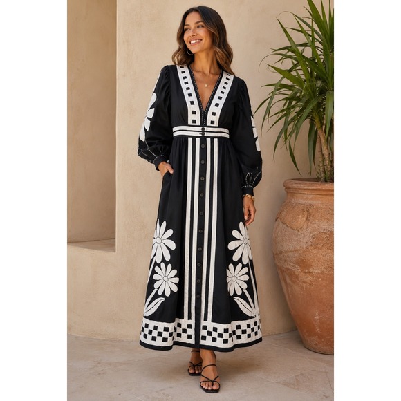 FARM Rio Dresses & Skirts - Farm Rio Black White Floral Embroidered Button Front Maxi Dress Medium 329136